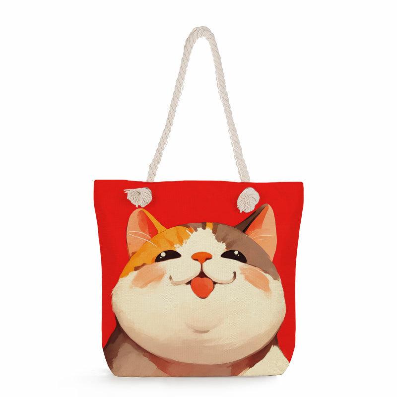 Multifunctional Cartoon Cat Printed Thick Rope Shoulder Beach Bag Casual Large Capacity Handbag 0116 CLE