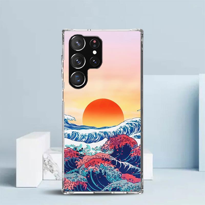 Japanese Style Wave Art Phone Case For Samsung Galaxy S24 S25 Edge S26 Ultra S22 S23 Plus S21 + S20 FE Soft TPU Back Cover Galax
