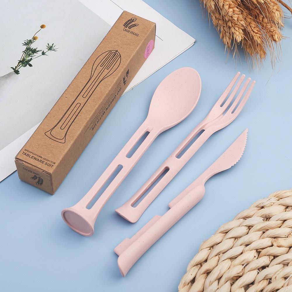 3-piece portable tableware set, made of wheat straw, detachable knives and forks, travel tableware, picnic tableware set, campin