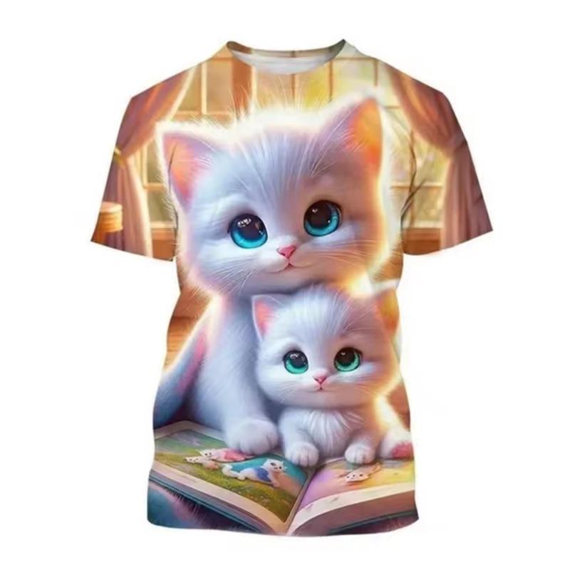 Fashion Korean Kids Clothes Cute Cat Print Tees Children's T-Shirt Girls Summer Clothes Kawaii Crew Neck Junior Girls' Clothing