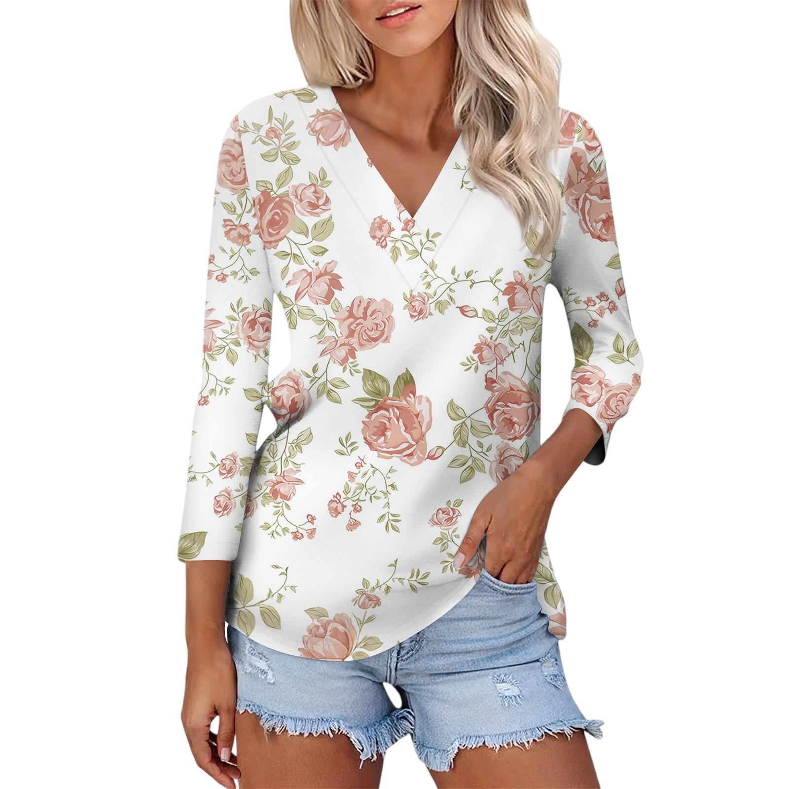 

Женский Повседневный Модный Сексуальный Удобный Топ с V-образным вырезом и Цветочным Принтом, Рукав Три Четверти XL розовый