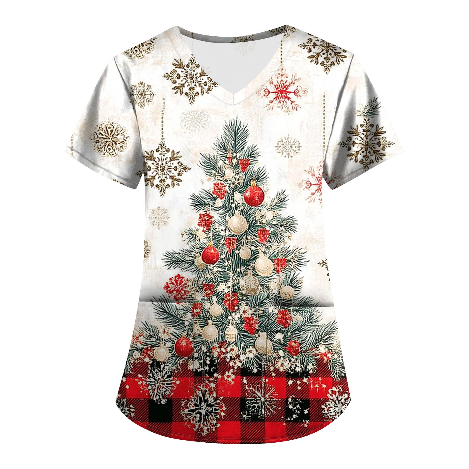 

Большой размер Принтованный скраб Рабочая униформа Топы для женских V-образный вырез с запахом Принт Короткий рукав Веселые футболки Рабочая одежда Футболка с карманами M хаки