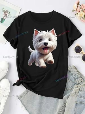 Niedliches West Highland White Terrier Grafik-T-Shirt für Damen Lässiges Rundhals-T-Shirt mit Bequem Bequem Persönlichkeit