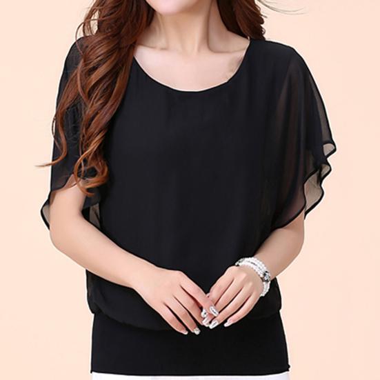 Women Top Solid Color O Neck Pullover Batwing Sleeve Ruffle Summer Top Daily Garment