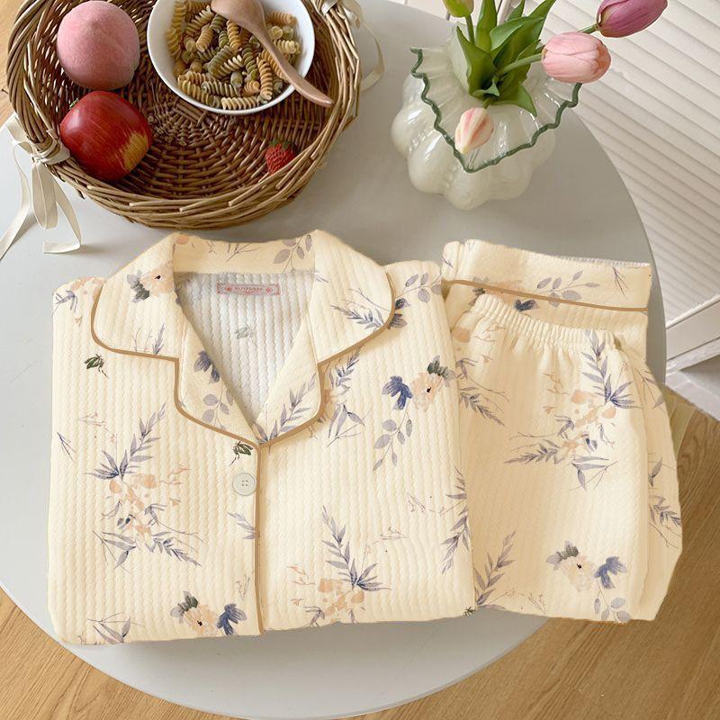 

Жіночий Потовщений Теплий Піжамний Комплект Осінь Зима Бавовняна Підкладка Довгий Рукав Принтований Кардиган Домашній Одяг Комплект з Двох Предметів L