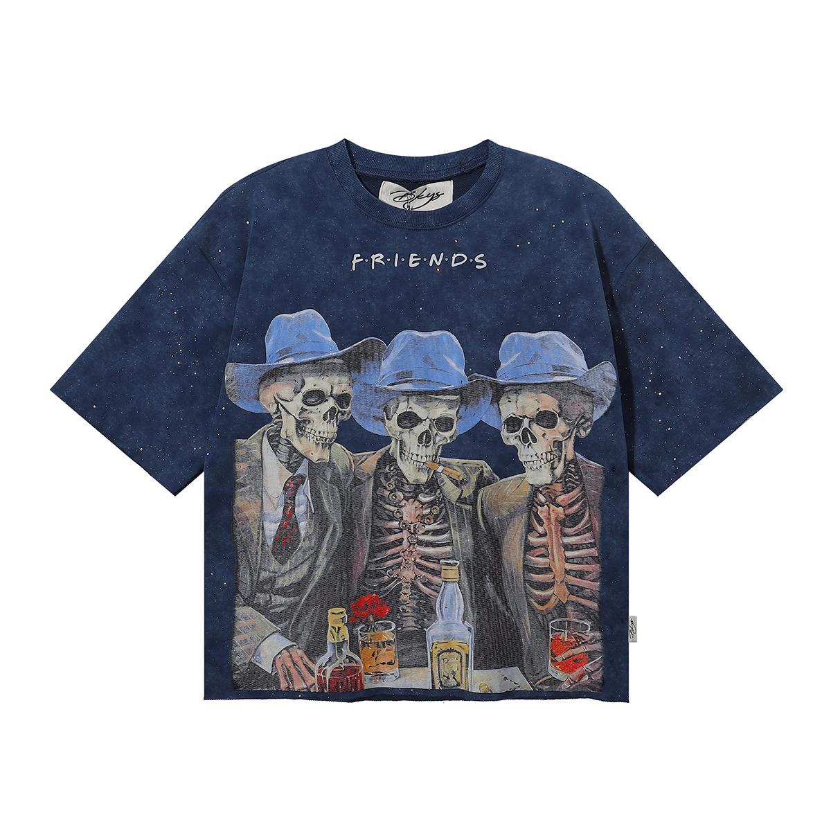 2026 Summer Men s Oversize T-Shirt, 3 Cowboy Skeleton Friends Print Vintage Dark Street Short Sleeve Tee With Friends Letter S