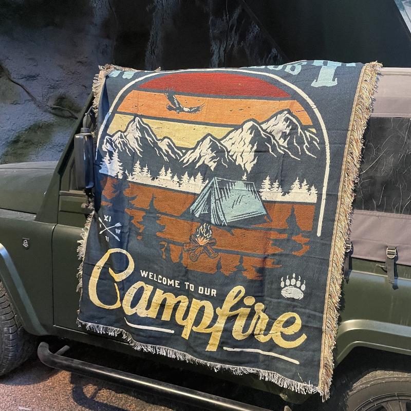 Vintage Camping Blanket With Mountain Landscape Wanderlust Woven Tapestry Throw Boho Outdoor Picnic Rug Campfire Decor For Rv