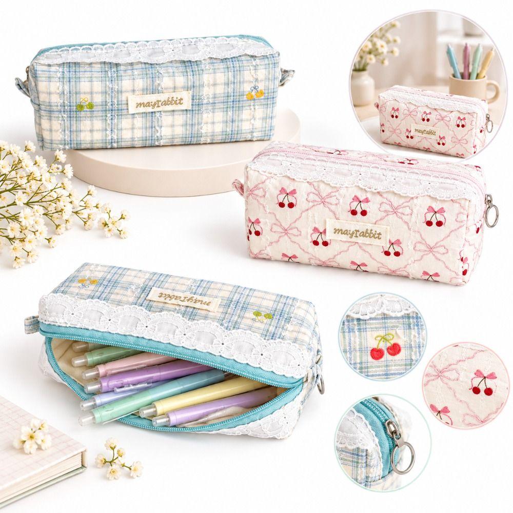 Cherry Bow Pen Pouch Large Capacity Cosmetic Pouch Cute Clutch Bags School Stationery