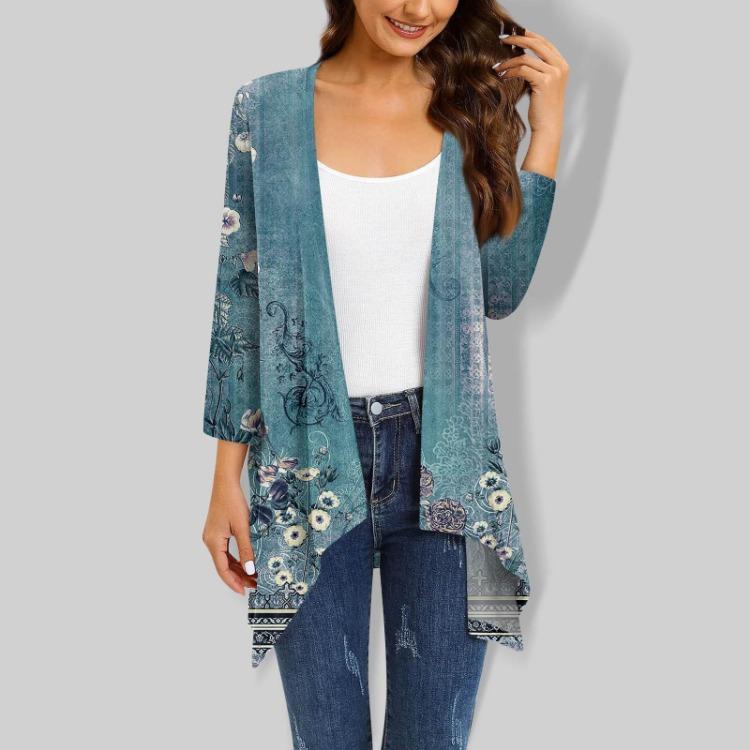 Women Cardigan Jacket With Pocket Three Quarter Sleeve Irregular Print