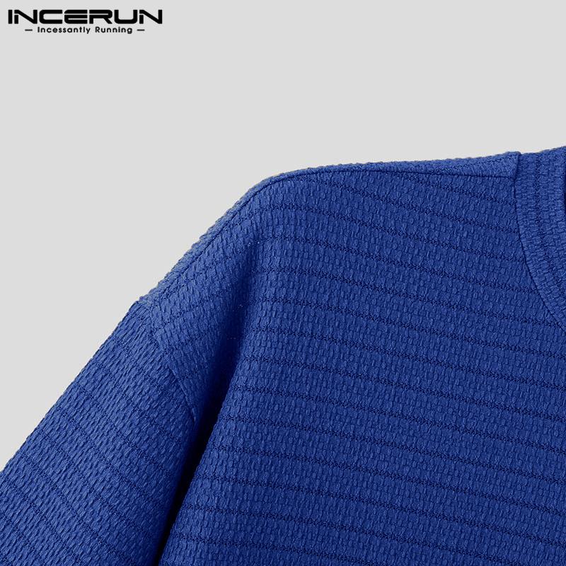 INCERUN Men Round Neck Short Sleeve Tops Solid Color Texture T-shirts