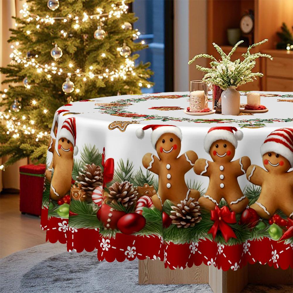 Christmas Tablecloth, Cookie Man + Wreath Print, Waterproof And Oil-Proof Round/Square Table Cloth, Family Pie