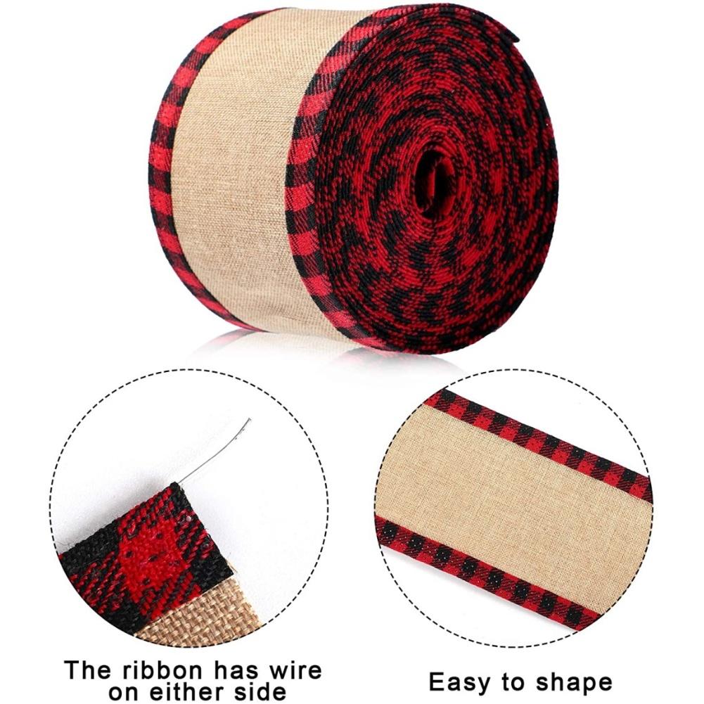 Set of 2 Christmas Wired Edge Buffalo Plaid Burlap Ribbons 5 5 Meters Each for Holiday Crafts and Wrapping Projects