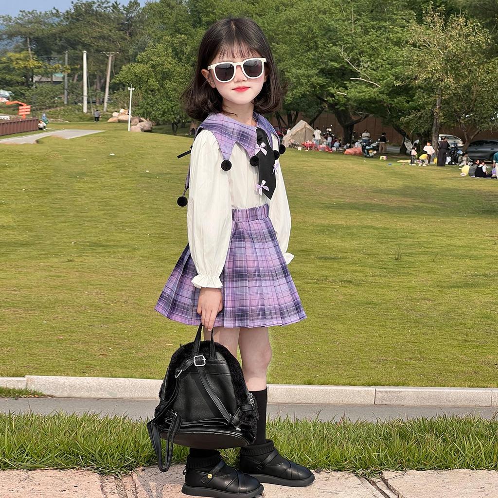 Kuromi School Style Girls' Cosplay Outfit: Sweater, Shirt, Plaid Skirt - Three-Piece Set for Spring/Autumn Performance.