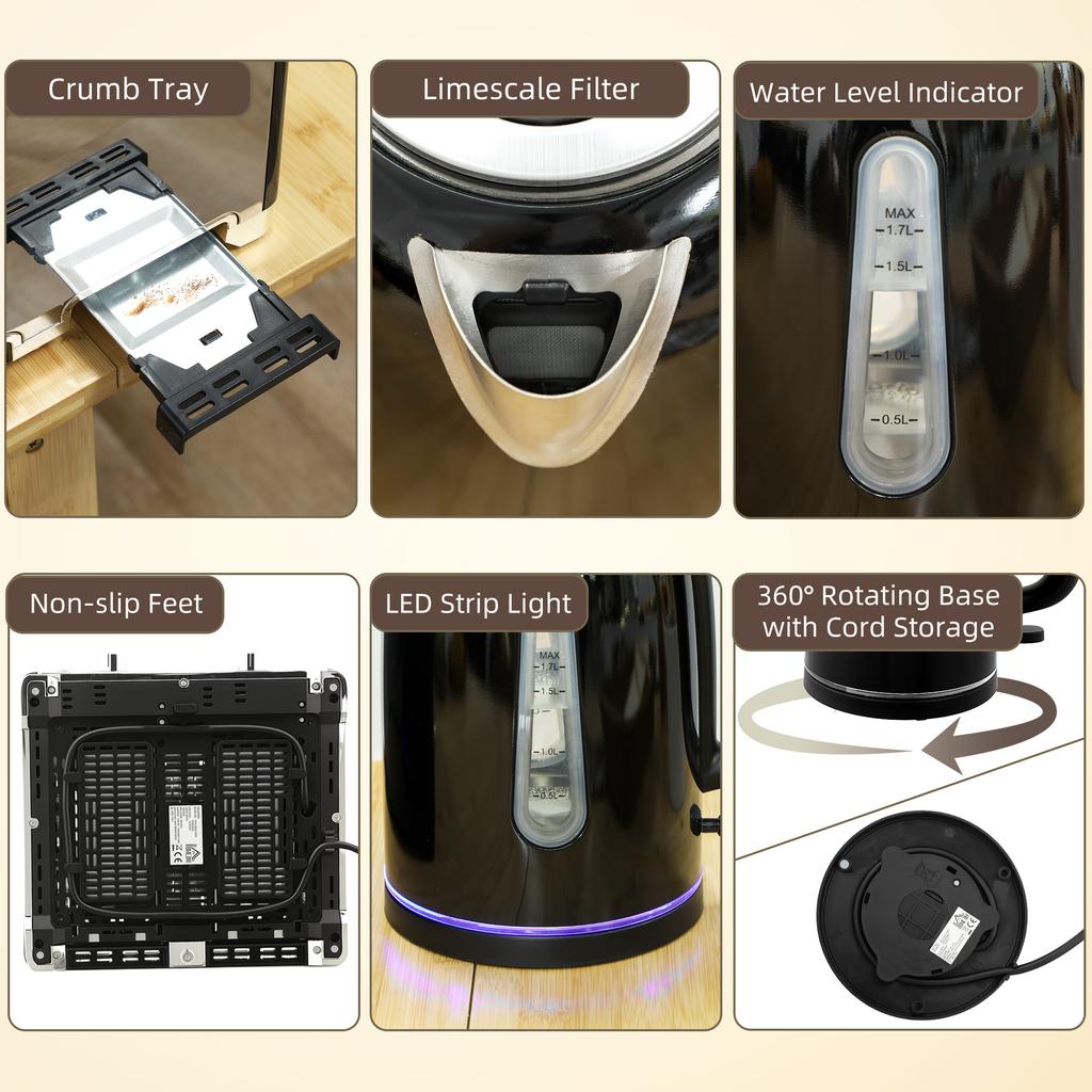 Kettle and Toaster Set, 1.7L 3000W Rapid Boil Jug Kettle with Otter Thermostat, Limescale Filter, 4 Slice Toaster with 7 Browning Controls