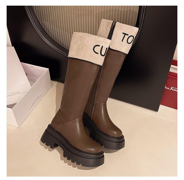 Thick-soled color-matching boots for women's 2025 autumn and winter new Xiaoxiangfeng tall knight boots, small but knee boots
