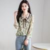 Spring Summer Polo-neck Floral Print Sweet Chiffon Shirt Women Long Sleeve Elegant Fashion Temperament Blouse Lady Buttons Top