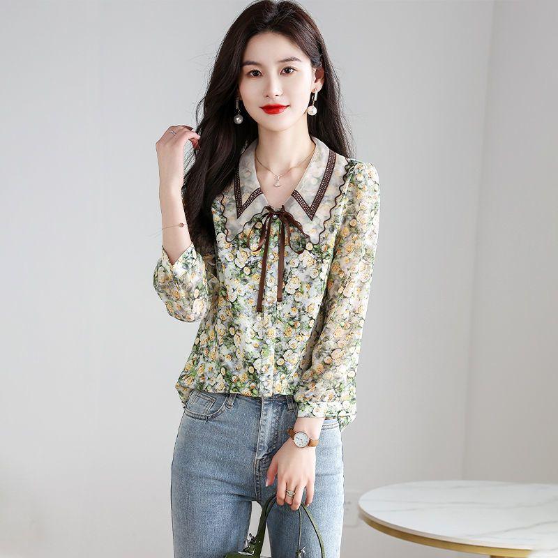 Spring Summer Polo-neck Floral Print Sweet Chiffon Shirt Women Long Sleeve Elegant Fashion Temperament Blouse Lady Buttons Top
