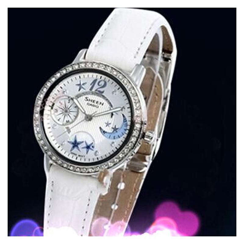 Casio SHEEN 50 Meters Waterproof, Quartz Movement, Leather Strap, Japanese and Korean Watch, Women's Watch, White Dial SHN-3019L-7ADR