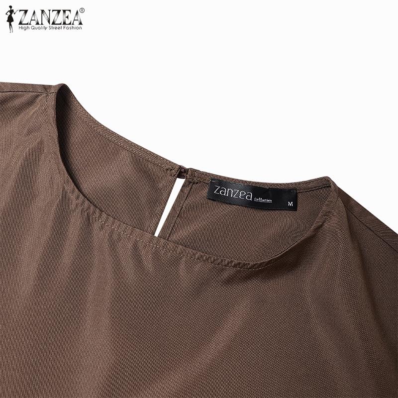 ZANZEA Women Casual Round Neck 3/4 Sleeve Loose Stripe Patchwork Long Dress