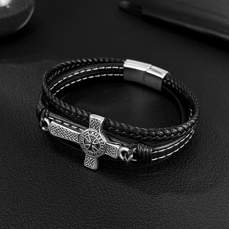 Personalized Bracelet Men's Stainless Steel Creative Multi Layer Weaving Cross Titanium Leather