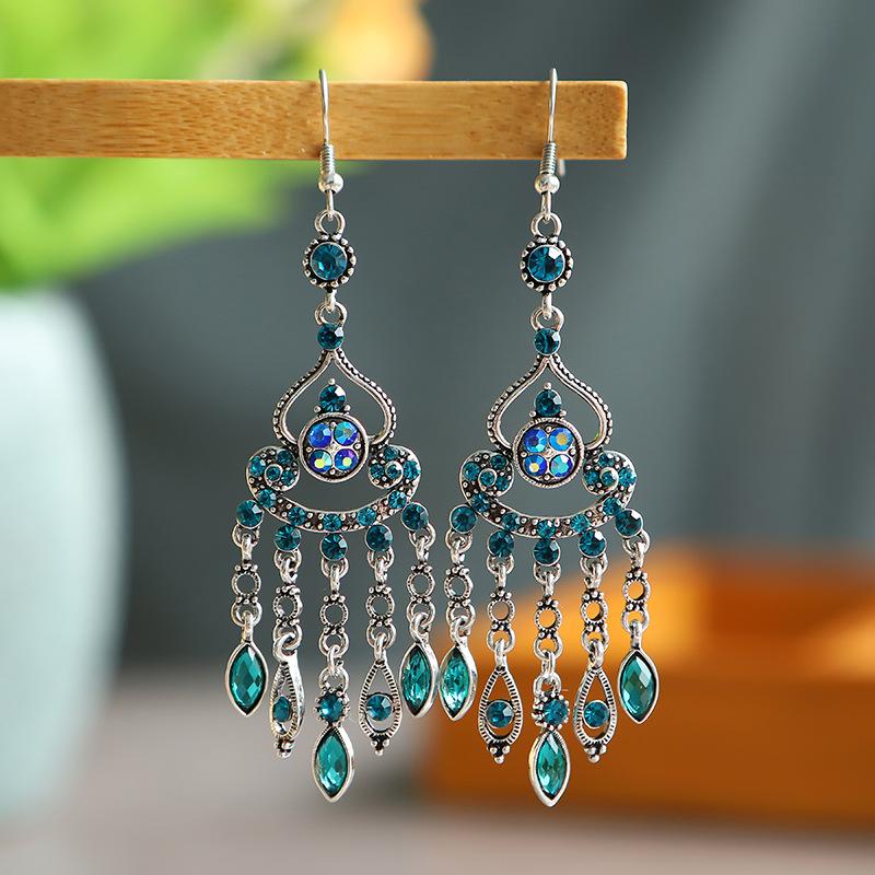 Bohemian Ethnisch Lang Blau Acryl Kristall Wassertropfen Ohrringe für Damen Retro Temperament Geometrisch Hängende Ohrringe Schmuck