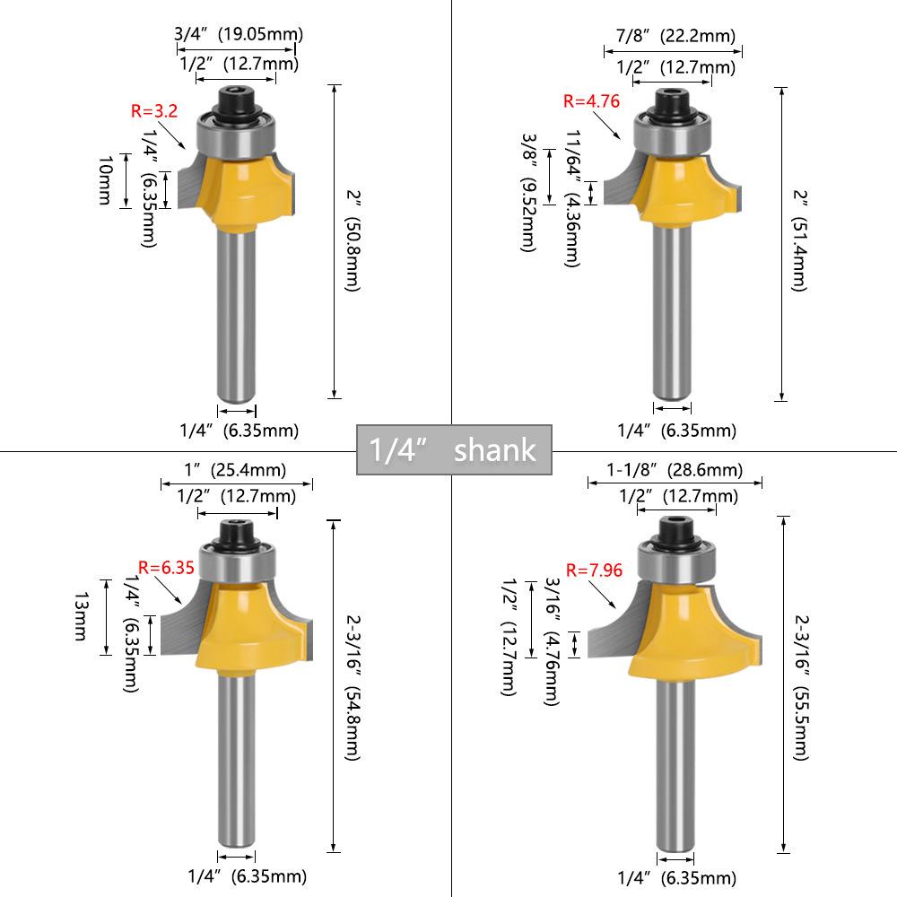 1/4" & 6mm Shank Roundover Bit Set (4-Piece) - Chamfer & Radius Edge Trimming Router Bits for Woodworking
