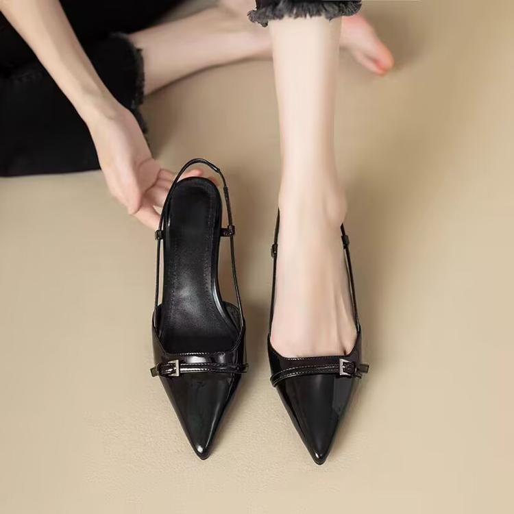 French Elegant Pointed Toe Patent Leather Closed-Toe Slingback Heels Vintage Fairy Core Kitten Heel Sandals Women
