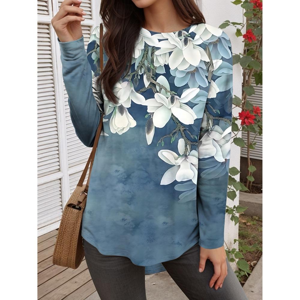 Summer Women's T Shirt Floral Graphic Plants Stylish Casual Long Sleeve T-shirts Round Neck Regular Tops Flower Printed Pullover