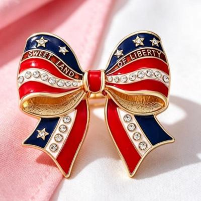 American Flag Bow Brooches Patriotic Bow Enamel Pins Usa Flag Colors Red White Blue Enamel Rhinestone Lapel Badges Jewelry Gifts