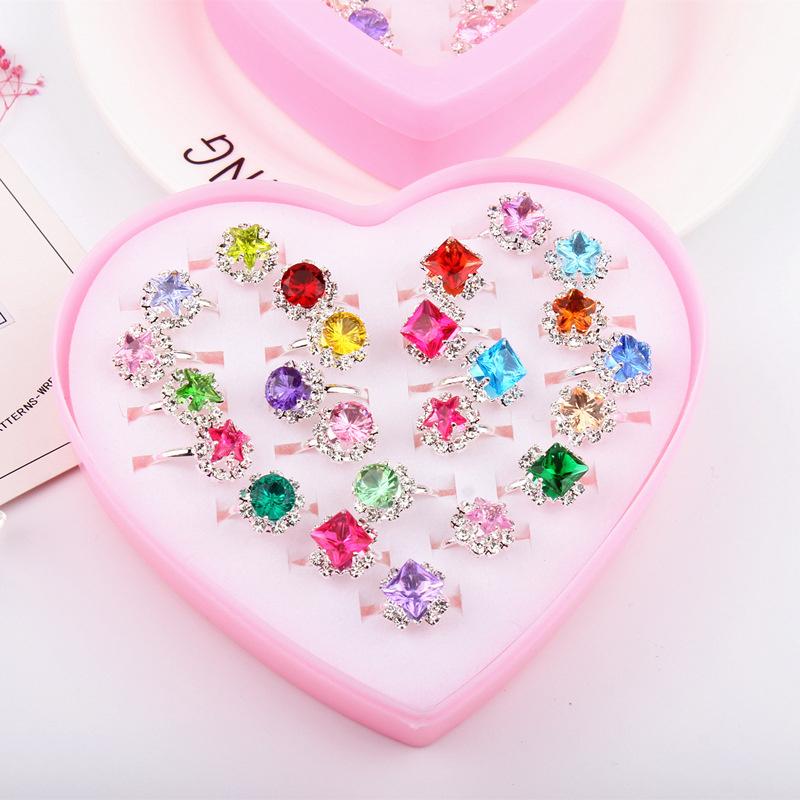 Adjustable Kids Diamond Artificial Gem Ring Jewelry Heart Crystal Finger Ring for Children Girls Birthday Party Gift