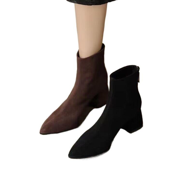 Short Boots Women's Thick Heel 2025 Autumn New Pointed High Heel Ankle Boots Black Velvet Frosted Leather Medium Heel Bare Boots