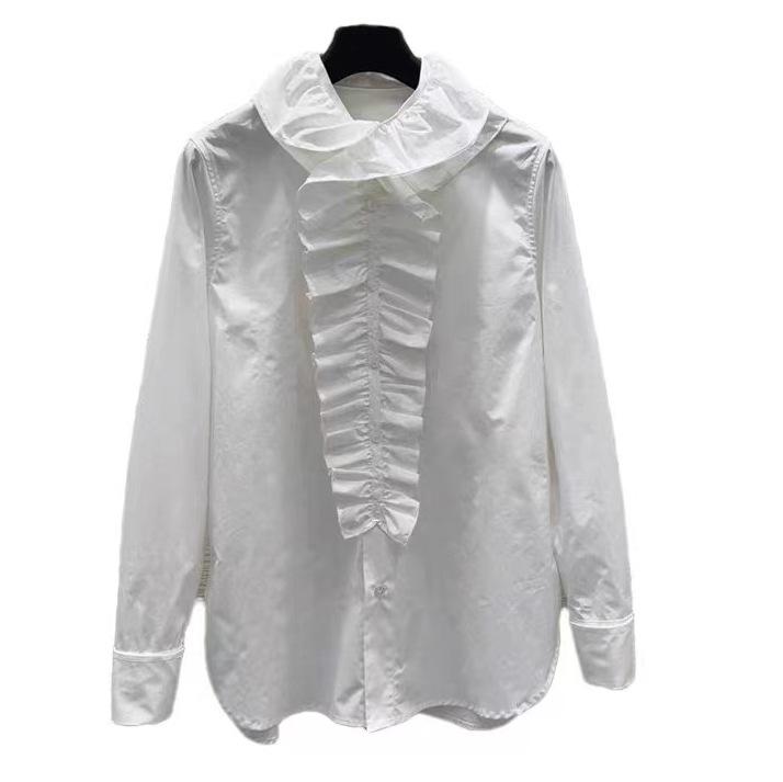 Elegant French-inspired Ruffled Stand-Collar Shirt: Detachable, Loose-Fit, Slimming, Mid-Length, Perfect for Commuting