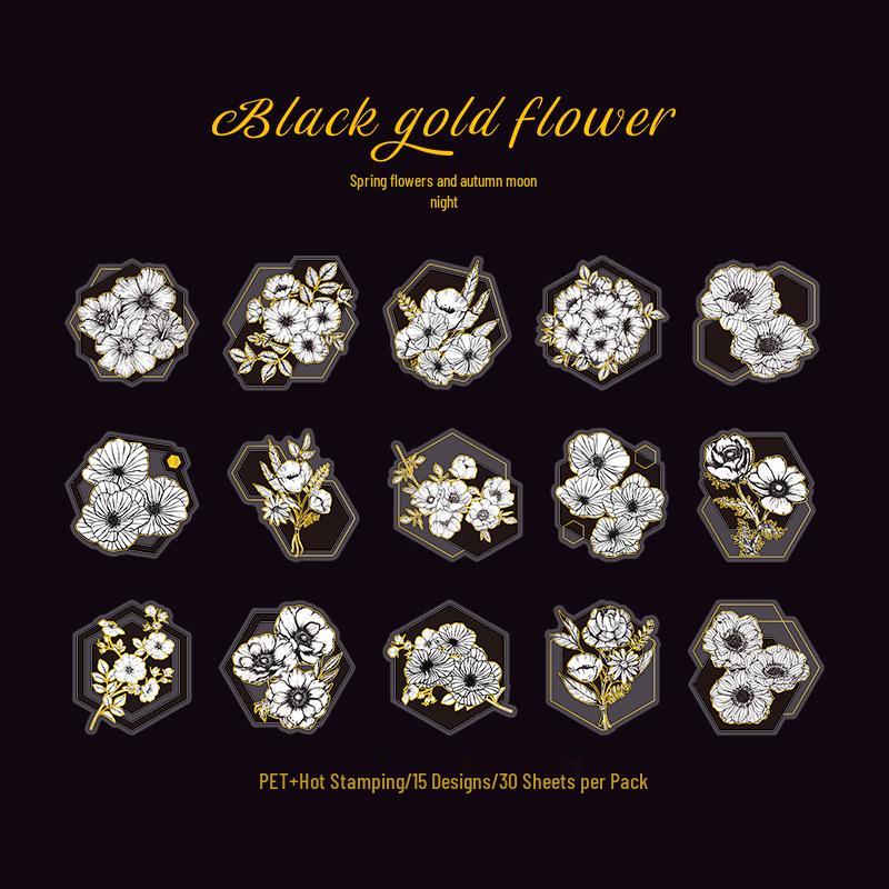 Beautiful Day Black & Gold Floral Hot Stamping Journal Stickers - 30 Sheets