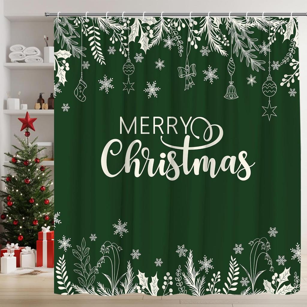 Merry Christmas Shower Curtain Black Holly Pine Leaves Snowflake Xmas Balls Winter Fabric for Bathroom Decor Bathtub with Hooks