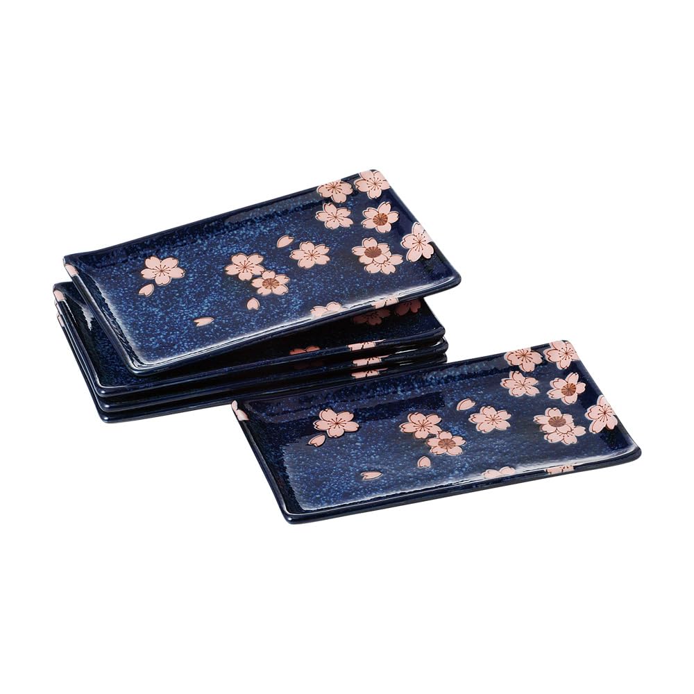 Ale-net Medium Plate Set of 5, Navy Cherry Blossom Design, Five Plates, W21.8×D12.5×H2cm, Porcelain, Mino Ware, Made in Japan