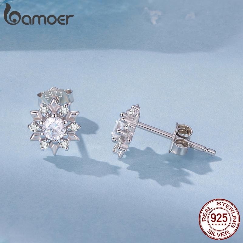 BAMOER 925 Sterling Silver Shining Ice Flower Stud Earrings Paved CZ Snowflakes Halo Earrings for Women Sparkling Winter Gift