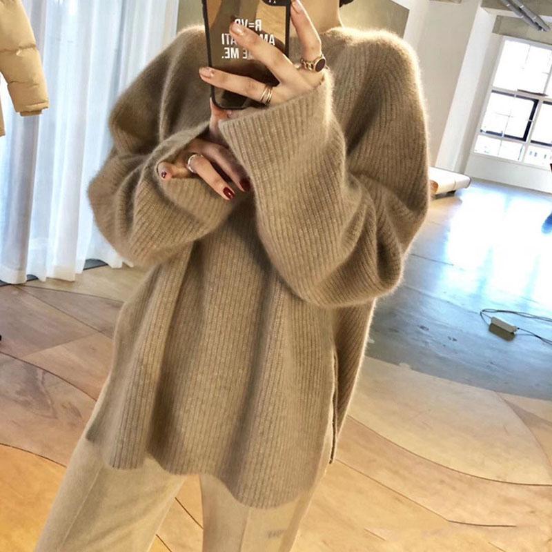 Женский свитер с полуводолазкой и утолщенным флисом однотонная рубашка свободный большой размер осень-зима повседневный трикотажный свитер серый 2669₽