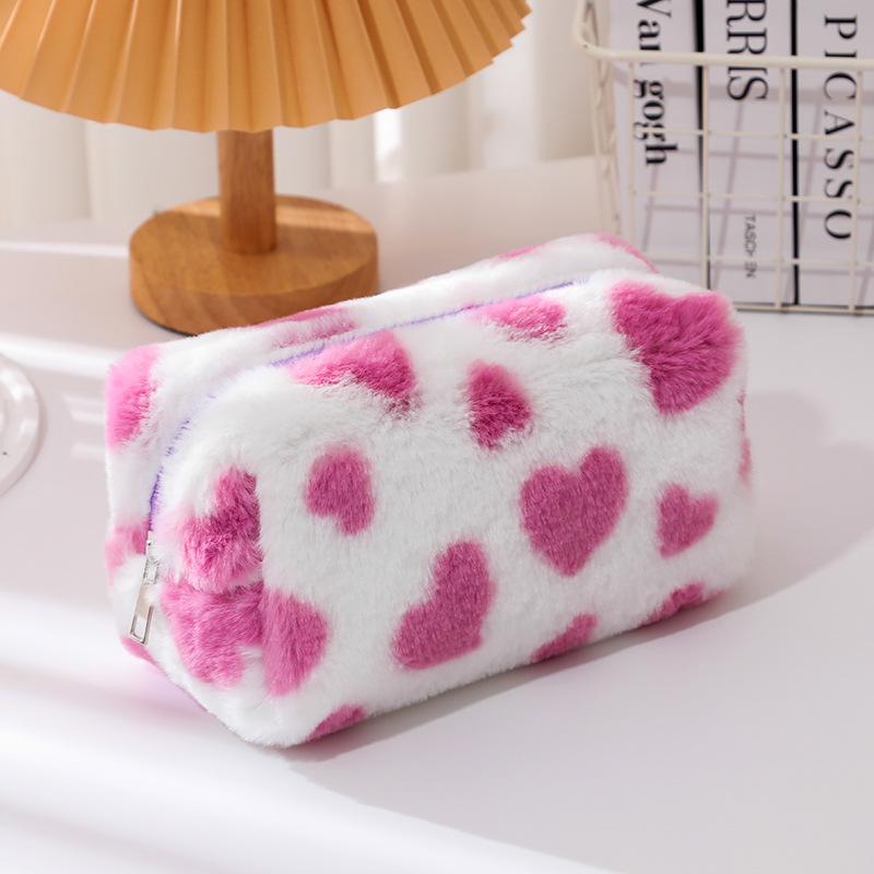 

Cute Sweet Heart Pattern Plush Pencil Case Girly Women Large Capacity Cosmetic Bag Travel Portable Storage Bags Organizer Gifts фиолетовый