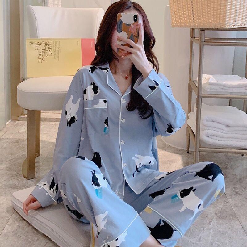 Spring And Autumn Pajamas Women'S Cardigan Long-Sleeved Trousers Korean Girls' Simple Cartoon Loungewear Suit Can Be Worn Outside