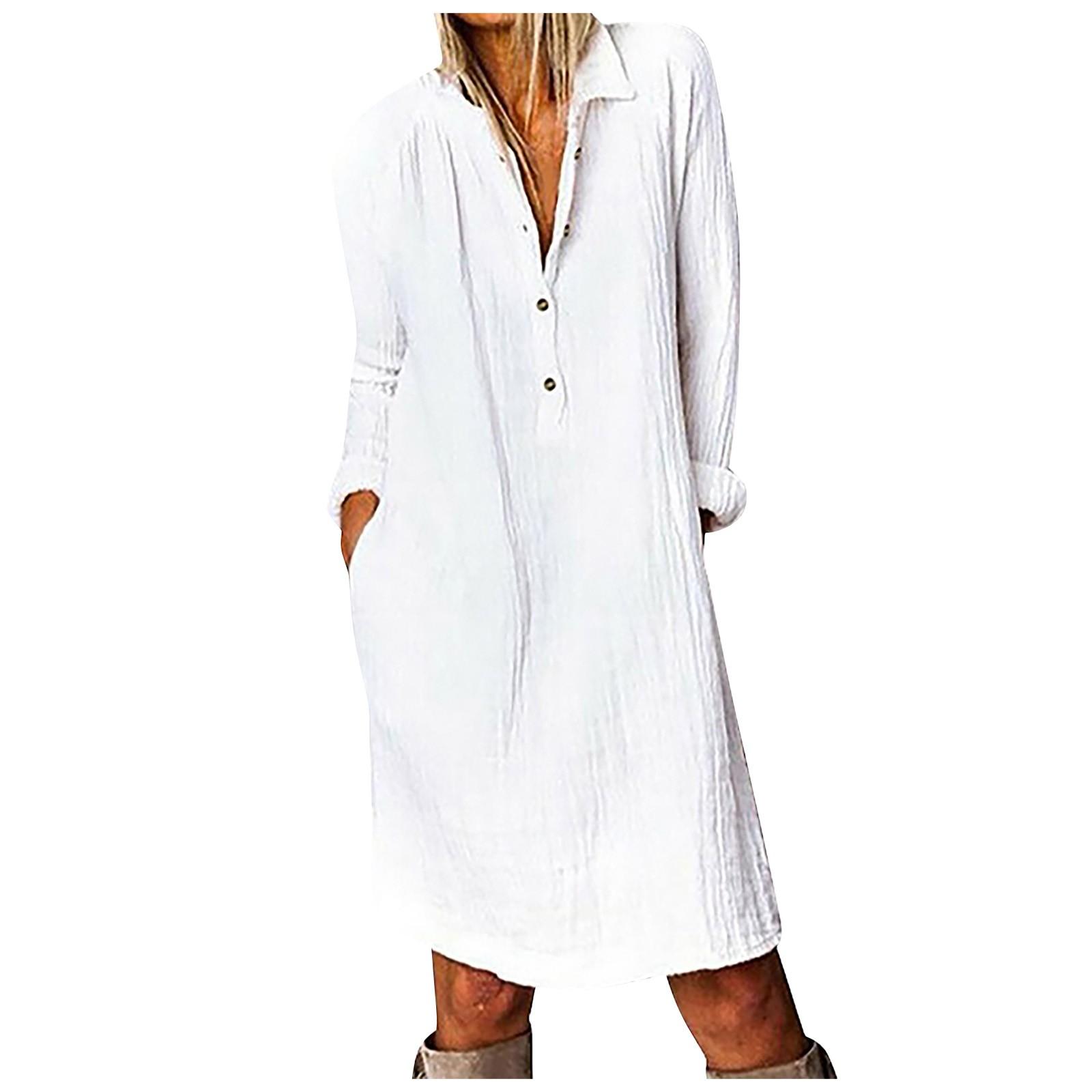 

Женское повседневное платье больших размеров из хлопка и льна с отложным воротником и длинным рукавом XL белый