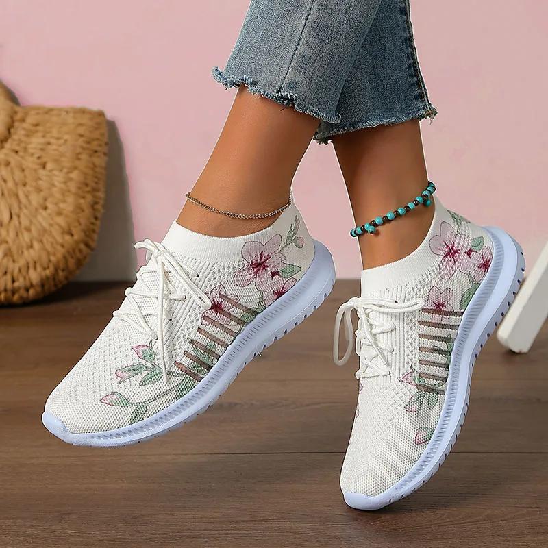 Fashion Breathable Knitted Casual Sneakers for Women Lightweight Soft Sole Slip On Walking Shoes Woman Plus Size Fashion Printed Flats