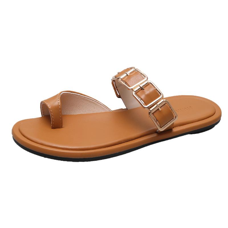 French haute couture one-word with sleeve toe flat bottom cool slippers outer wear women's 2025 summer new outer wear beach sandals