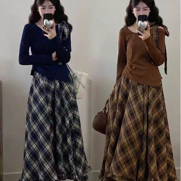 Amber Academics: Bowknot Long Sleeve Top & Retro Plaid Skirt Set
