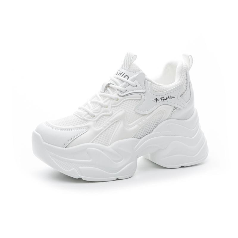 With wide-leg pants, thick-soled inner height increase, small cowhide white shoes, mesh casual sports shoes, women's shoes