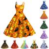Womens Halloween Print Dress Sleeveless Spaghetti Strap Off Shoulder Fit and Flare Midi Dress Casual Party Dress