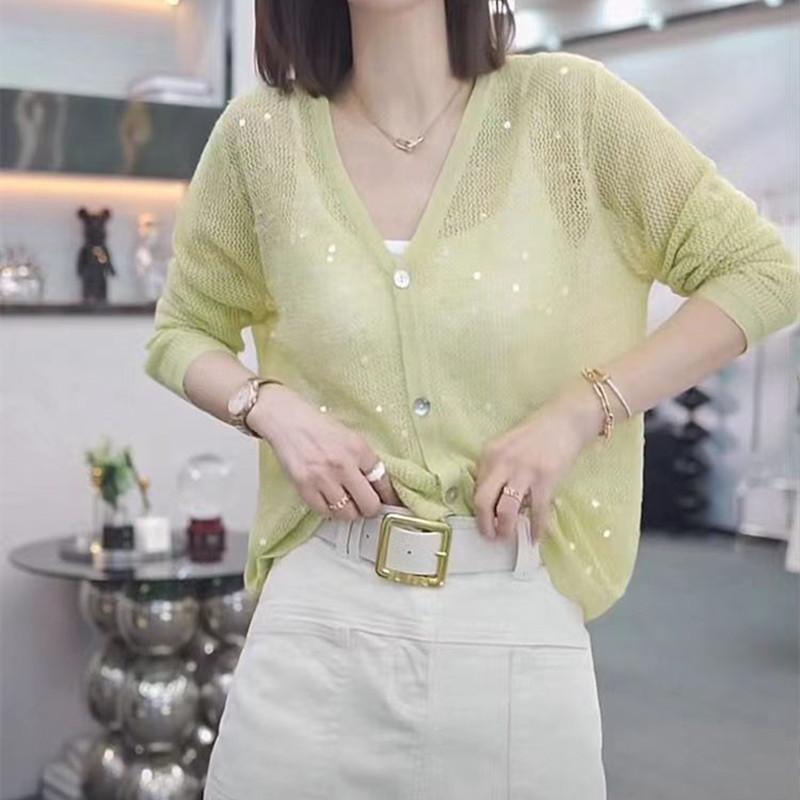 

QICED пайеточный вязаный кардиган женский летний халат сетчатый тканый тюль солнцезащитный костюм верхняя накидка Uniform size