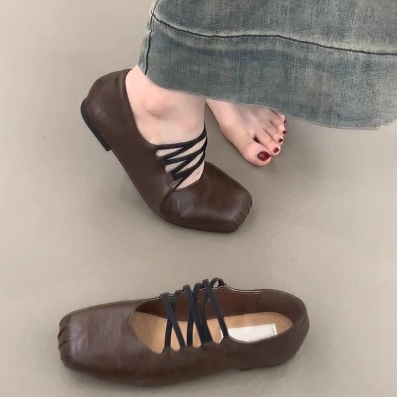 Retro Cross-laced Flat Shoes Square-toed Ballet Shoes Women's Shallow Opening Single Shoes