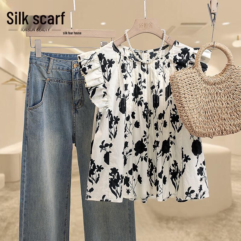 Women s Floral Flutter Sleeve Cotton Blouse L