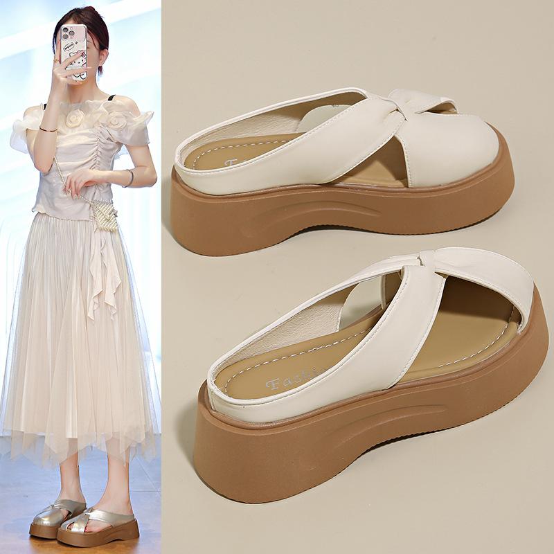 

French thick-soled bag head slippers for women s outer wear 2025 new summer shit-stepping feeling increased hollow fashion cool slippers for women 40 бежевый