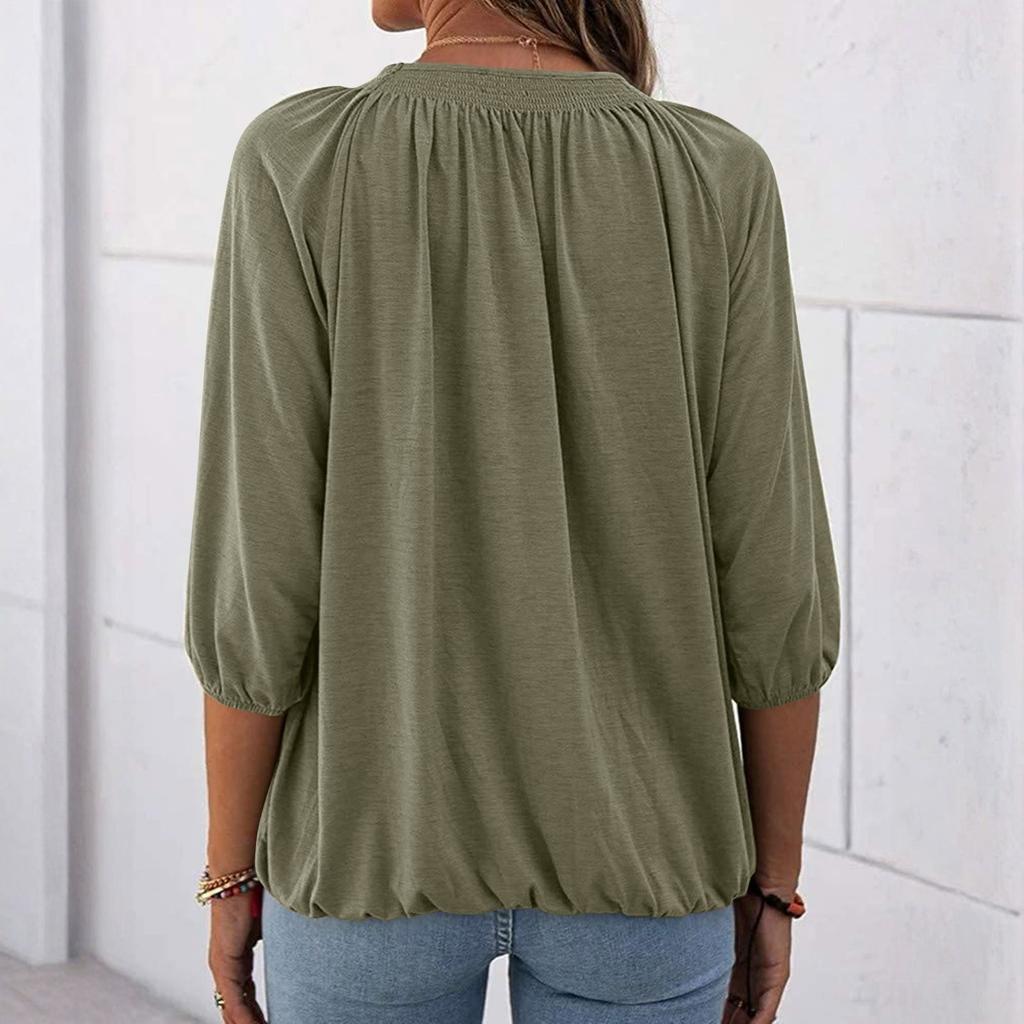 Women's Solid Color Round Neck T-Shirt Shirt Half Sleeve 3/4 Sleeve Casual Loose Pleated Basic Tops